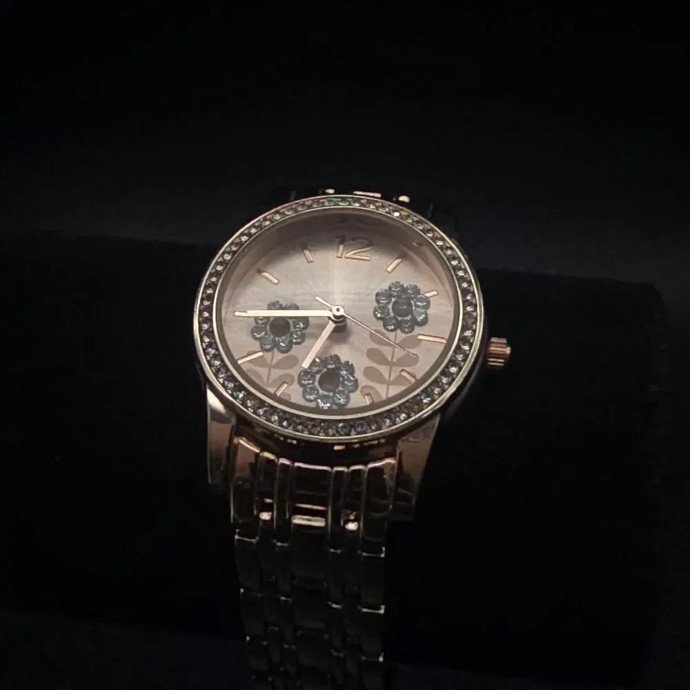 Women's Accutime Rose Gold Tone Quartz Watch‎ Rhinestone Flowers WORKS
